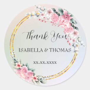 Elegant pastel floral Thank You Wedding party Classic Round Sticker