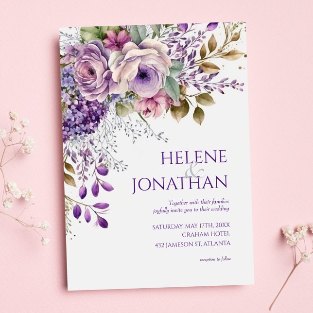 Elegant Pastel Floral Watercolor Purple Wedding Invitation (Creator Uploaded)