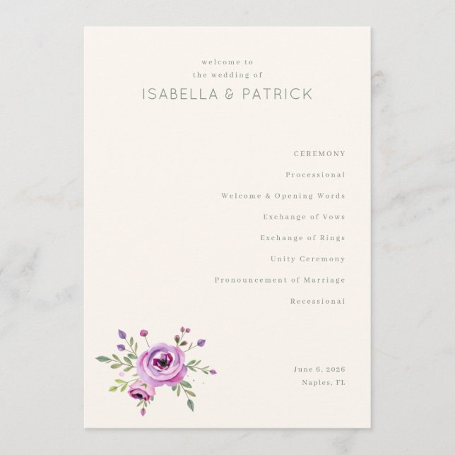 Elegant Pastel Floral Wedding Ceremony Program Programme (Front)