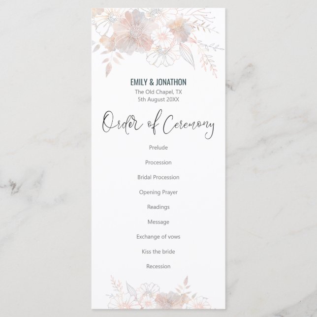 Elegant Pastel Florals Blush Grey Script Wedding Programme (Front)