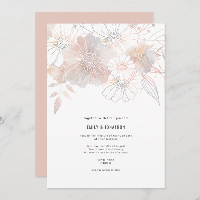 Elegant Pastel Florals Blush Peach Grey Wedding Invitation (Front/Back)