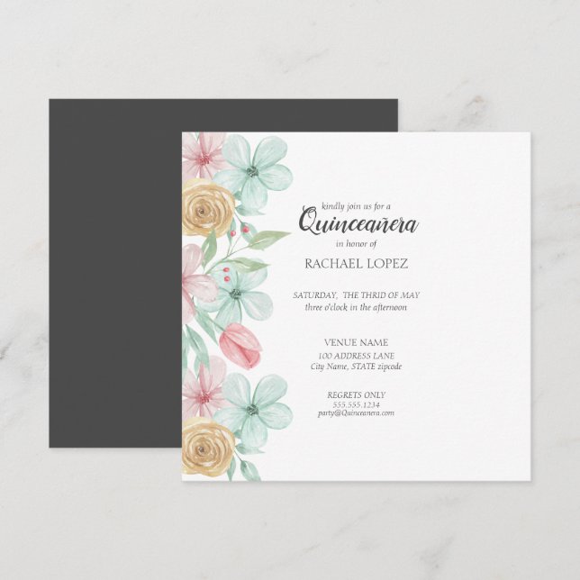 Elegant Pastel Florals | Gold Frame Quinceanera Invitation (Front/Back)