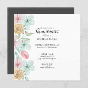 Elegant Pastel Florals   Gold Frame Quinceanera Invitation