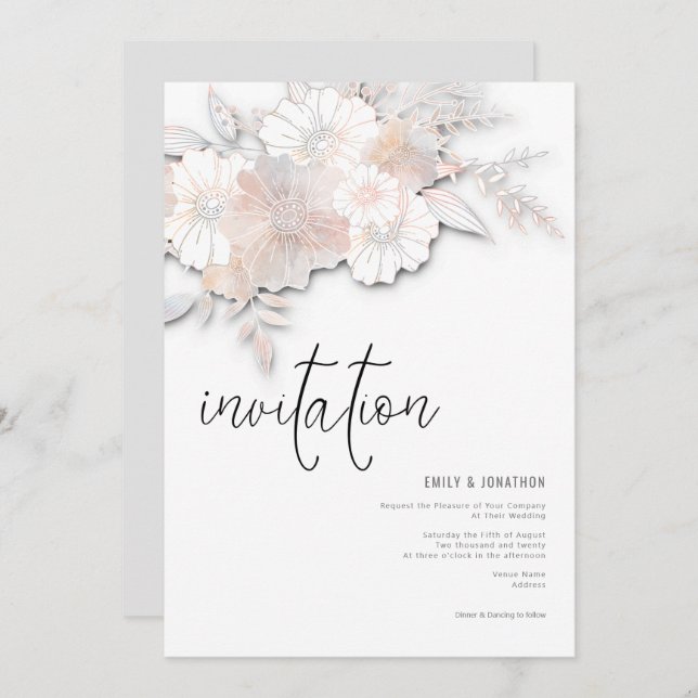 Elegant Pastel Florals Peach Blush Grey Wedding Invitation (Front/Back)
