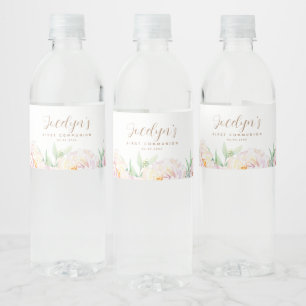 Elegant Pastel Flowers First Communion Water Bottle Label