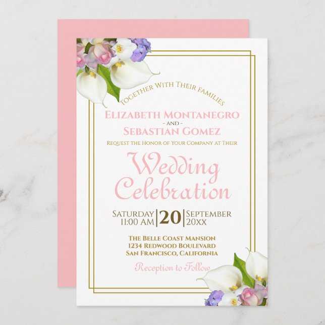 Elegant Pastel Flowers Gold and Pink Wedding Invitation (Front/Back)