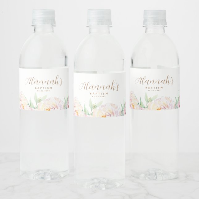 Elegant Pastel Flowers | Personalised Baptism Water Bottle Label (Bottles)