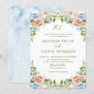 Elegant Pastel Garden Blue Watercolor Wedding Invitation