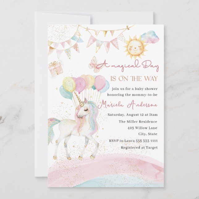 Elegant Pastel Gold Unicorn Watercolor  Invitation (Front)