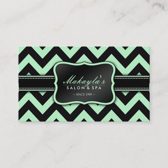 Elegant Pastel Green and Black Chevron Pattern Business Card (Front)