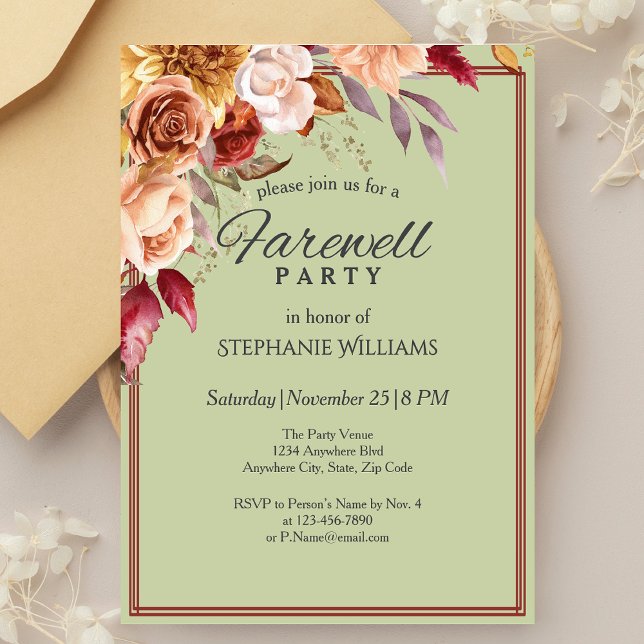 Elegant Pastel Green Autumn Flower Farewell Party  Invitation (Creator Uploaded)