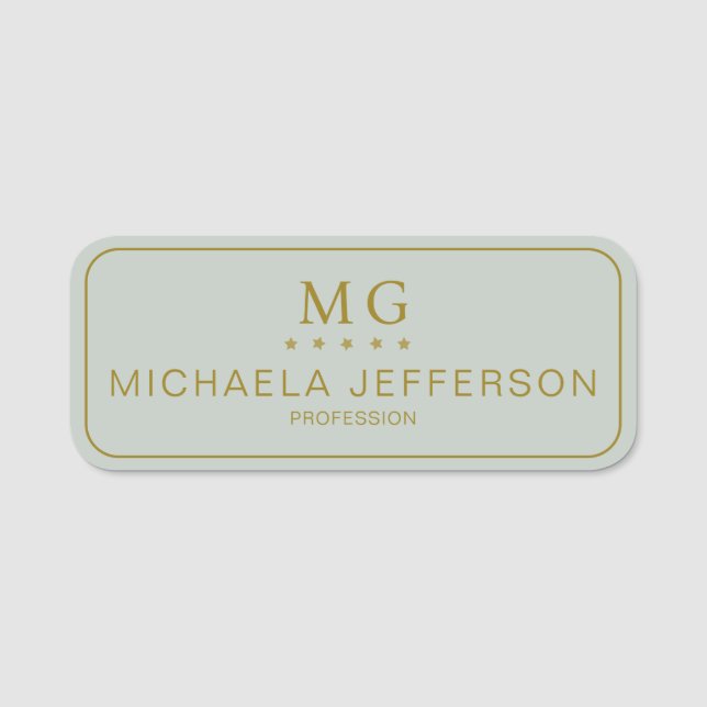 Elegant Pastel Green Gold Monogrammed Professional Name Tag (Front)