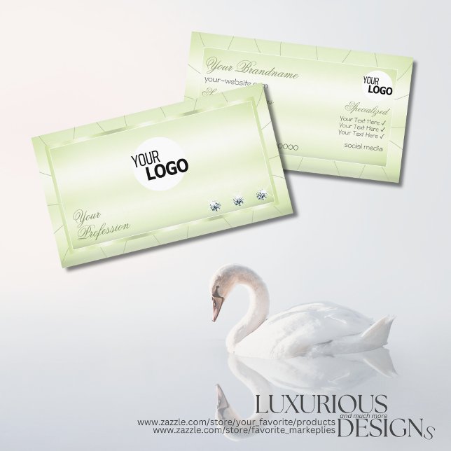 Elegant Pastel Green with Diamonds and Logo Modern Business Card (Creator Uploaded)