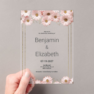 Elegant pastel grey pink gold daisy floral Wedding Acrylic Invitations