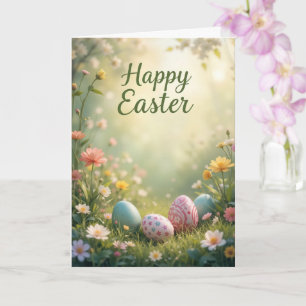 Elegant Pastel Happy Easter with Flowers and Eggs Card