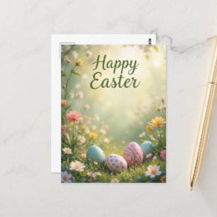 Elegant Pastel Happy Easter with Flowers and Eggs Postcard