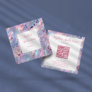 Elegant Pastel Holographic Marble with Qr Code Square Business Card