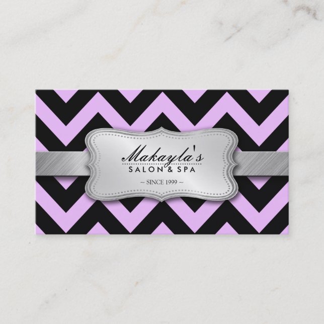 Elegant Pastel Lavender and Black Chevron Pattern Business Card (Front)