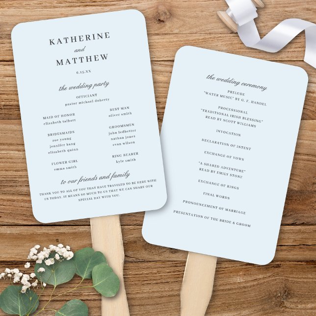 Elegant Pastel Light Blue Wedding Ceremony Program Hand Fan (Elegant Pastel Light Blue & Dark Grey Wedding Ceremony Program Hand Fan)