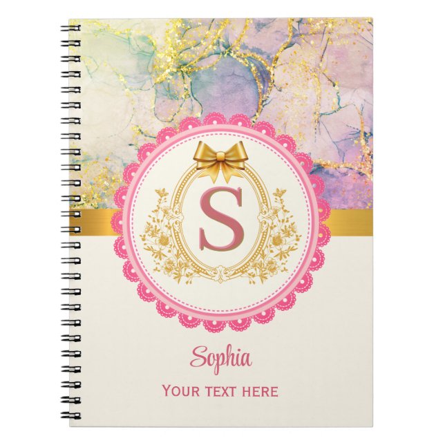 Elegant Pastel Marble Pink Gold Initial Monogram Notebook (Front)