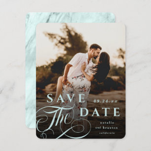 Elegant Pastel Mint Typography & Marble Back Photo Save The Date