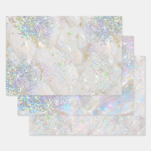 Elegant Pastel Opal Holographic Glitter Wrapping Paper Sheet (Set)