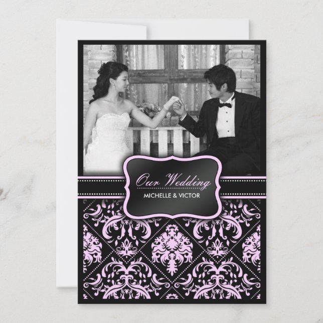 Elegant Pastel Pink and Black Damask Wedding Photo Invitation (Front)