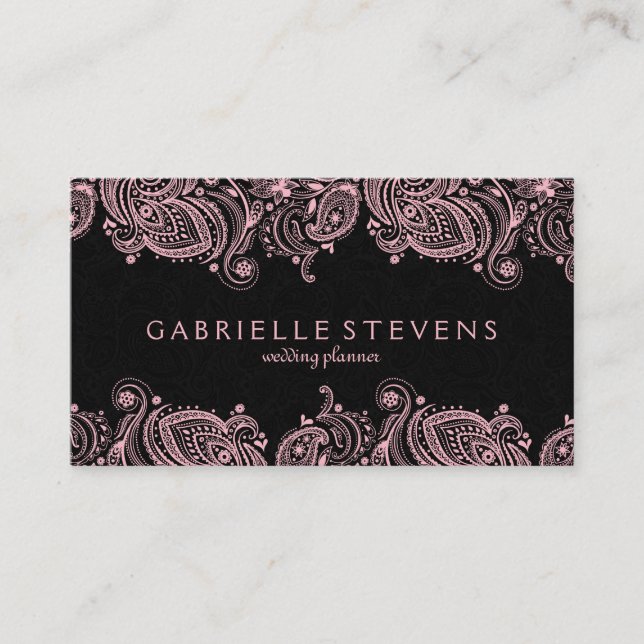 Elegant Pastel Pink And Black Paisley Lace Business Card (Front)