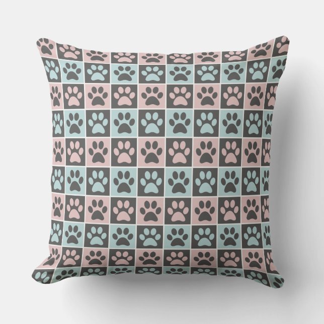 Elegant Pastel Pink and Blue Paw Print Pattern Cushion (Front)