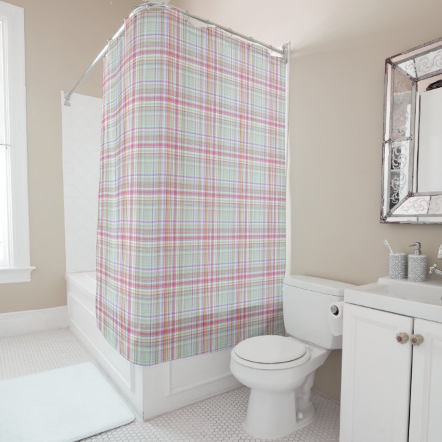 Elegant Pastel Pink and Green Plaid Pattern Shower Curtain (In Situ)