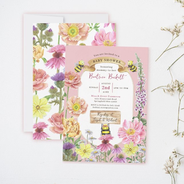 Elegant Pastel Pink Bee and Wildflower Baby Shower Invitation (Creator Uploaded)