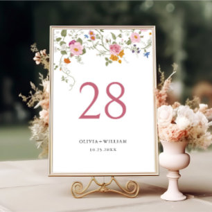 Elegant Pastel Pink Bohemian Wildflower Wedding Table Number