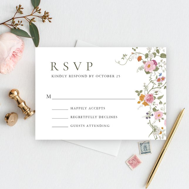 Elegant Pastel Pink Boho Wild Flowers Wedding RSVP Card (Creator Uploaded)