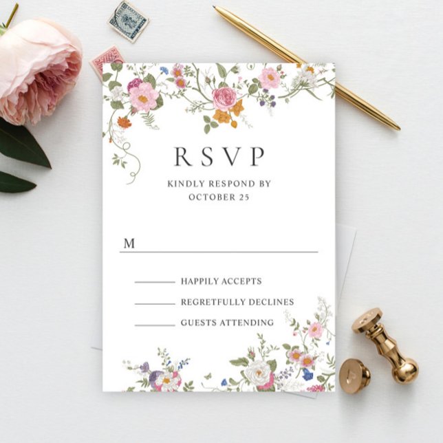 Elegant Pastel Pink Boho Wild Flowers Wedding RSVP Card (Creator Uploaded)