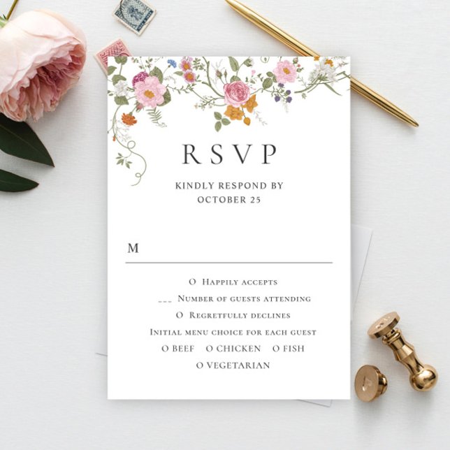 Elegant Pastel Pink Boho Wild Flowers Wedding RSVP Card (Creator Uploaded)