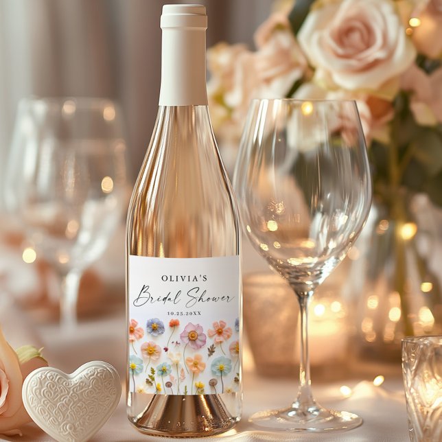 Elegant Pastel Pink Boho Wildflower Bridal Shower Sparkling Wine Label (Creator Uploaded)