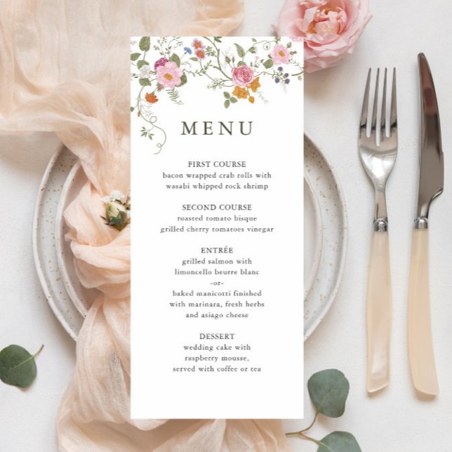 Elegant Pastel Pink Boho Wildflower Wedding Menu (Creator Uploaded)