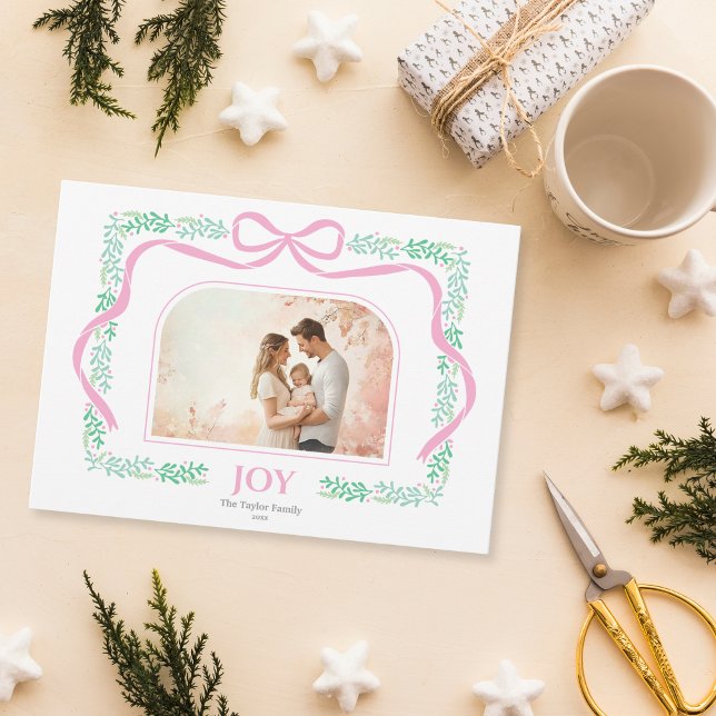 Elegant Pastel Pink Bow Joy Christmas Photo Frame Invitation (Creator Uploaded)