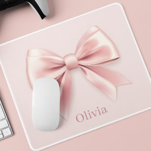 Elegant Pastel Pink Bow & Name Personalised Mouse Pad