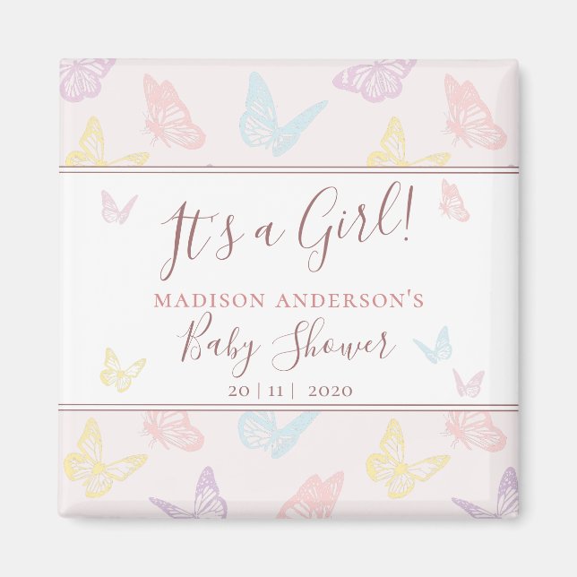Elegant Pastel Pink Butterfly Girl Baby Shower Magnet (Front)