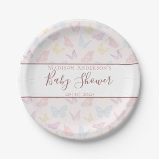 Elegant Pastel Pink Butterfly Pattern Baby Shower Paper Plate