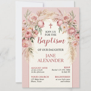 Elegant Pastel Pink Floral Baptism Invitation