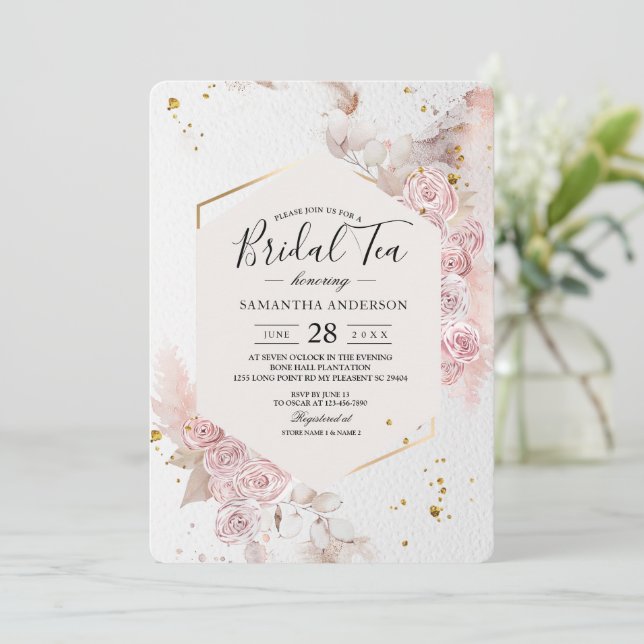 Elegant Pastel Pink Floral Frame Fancy Invitation (Standing Front)