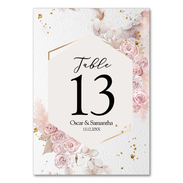Elegant Pastel Pink Floral Frame Fancy Table Number (Front)