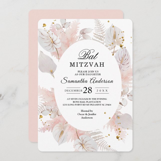 Elegant Pastel Pink Floral Frame & Gold Drops Invitation (Front/Back)