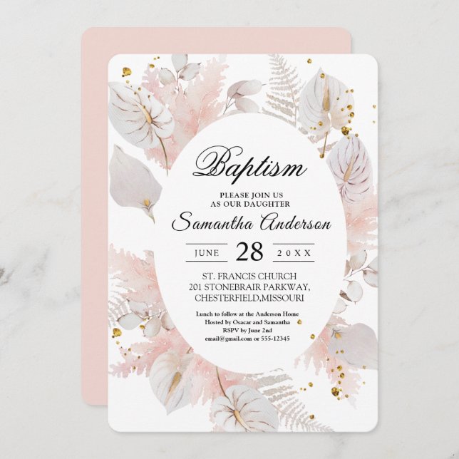 Elegant Pastel Pink Floral Frame & Gold Drops Invitation (Front/Back)