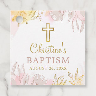 Elegant Pastel Pink Gold Floral Girl Baptism Favour Tags