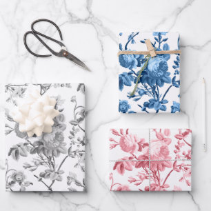 Elegant Pastel Pink, Gray, Blue Roses  Wrapping Paper Sheet