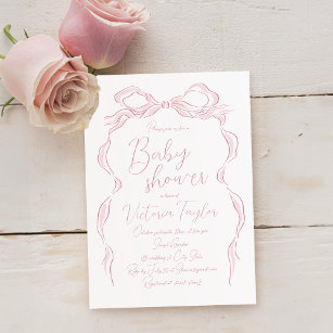 Elegant Pastel Pink Hand Drawn Bow Baby Shower Invitation
