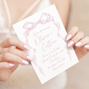 Elegant Pastel Pink Hand Drawn Bow Wedding Invitation